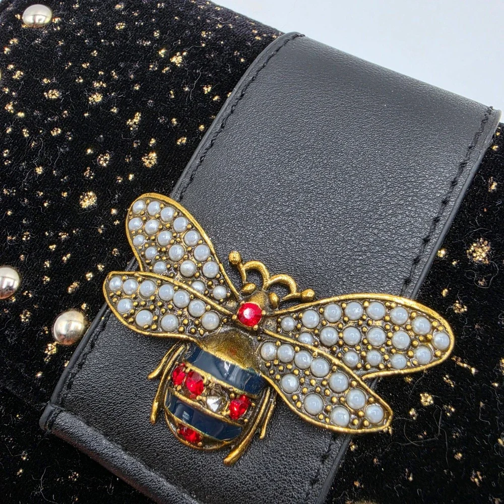 Olivia Miller Black Velvet Jeweled‎ Bee Crossbody Bag Gold Glitter Studded Purse
